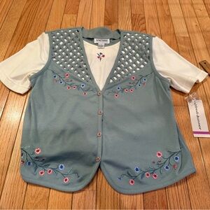 Alfred Dunner Kids Button Down Shirt - Blue with Floral Embroidery grannycore